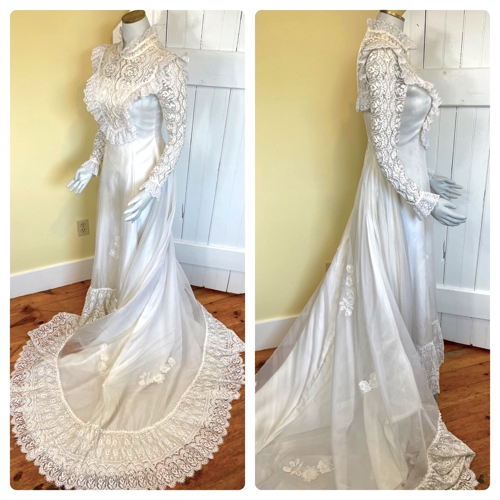VINTAGE 1970s Wedding Dress: Full Train, Lace Trim, Pearl Embellished - Picture 3 of 17